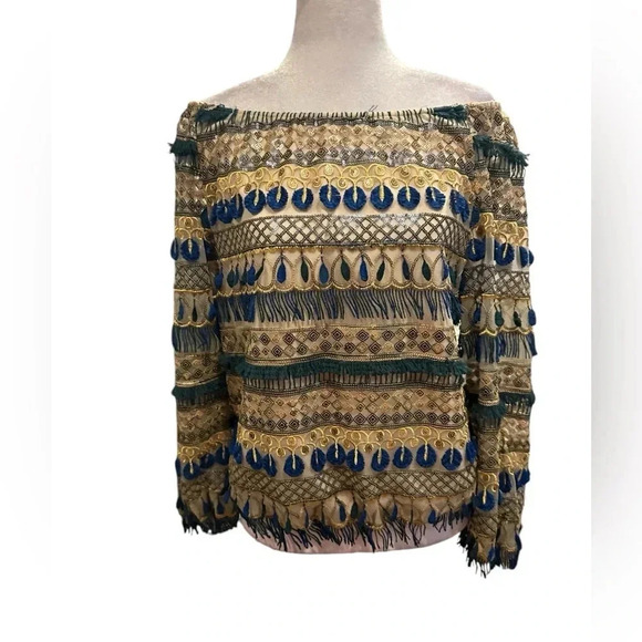 Alice + Olivia Mixed Media Boho Beaded Fringe Blouse size S - Picture 2 of 16